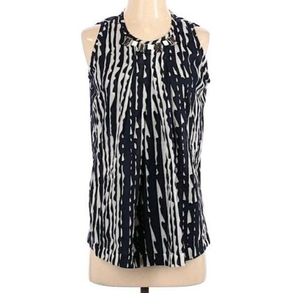 St. John SoCa Cotton Sleeveless Pleated Jewel Neck Tie Back Striped Navy Sz S - Picture 2 of 11